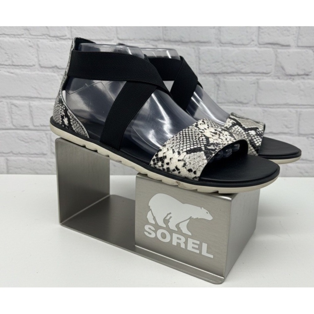 🔥Sorel Ella 🖤Sandal Women's 11 Snakeskin Print Black  Gladiator Elastic Straps